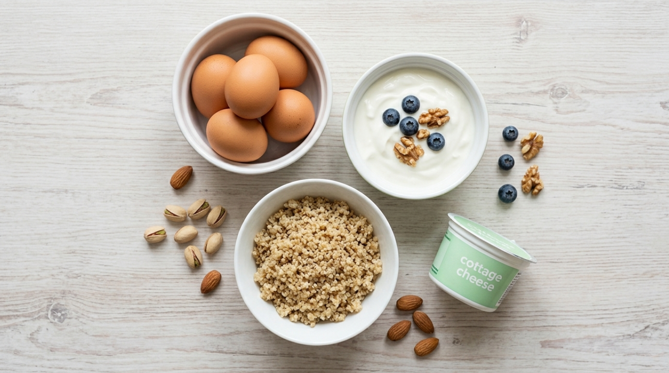 Alimentos que ativam saciedade natural — ovos, iogurte, castanhas, quinoa